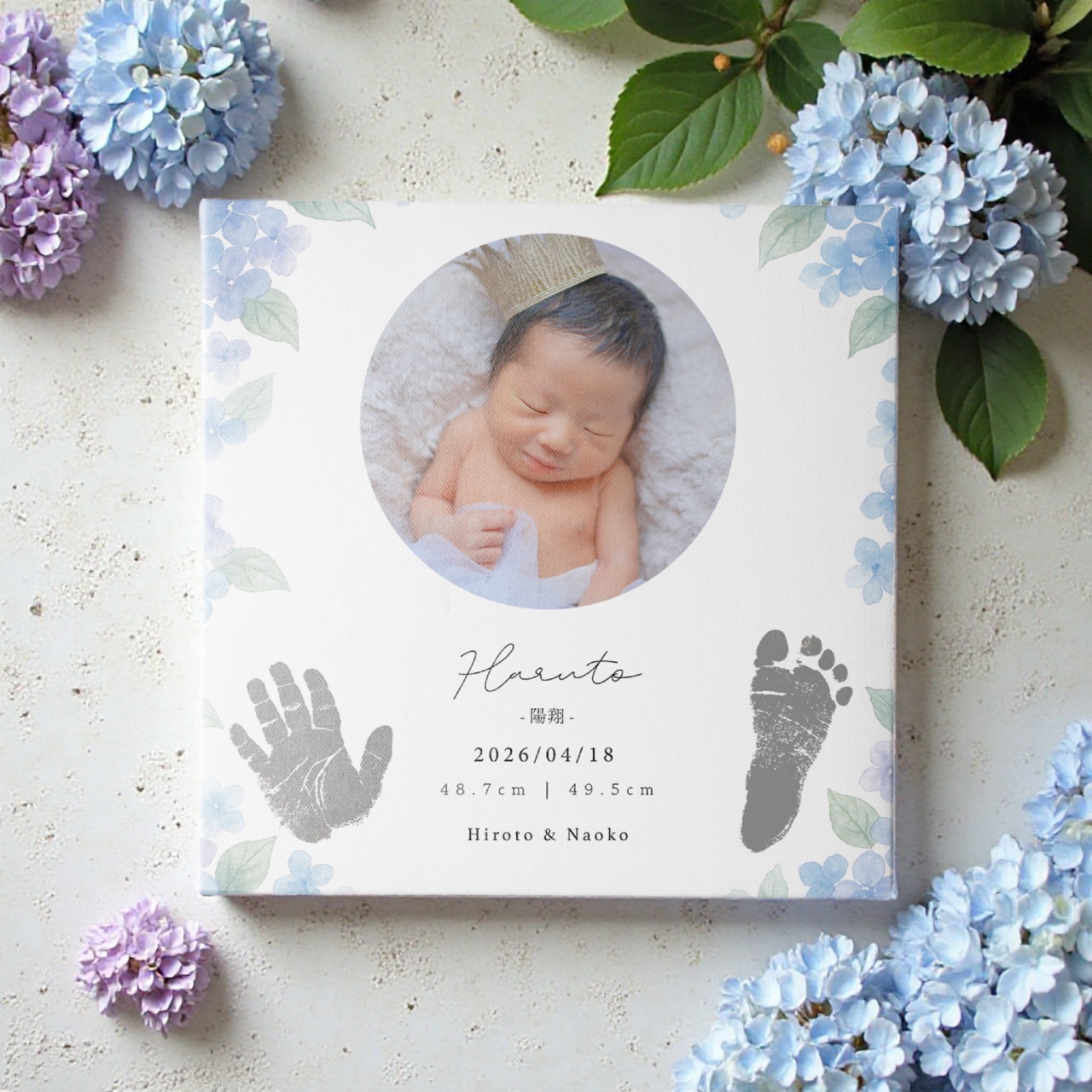 オーダーメイド 命名書 キャンバスアート|赤ちゃんの名前・手形・足形・顔写真入り|紫陽花デザイン