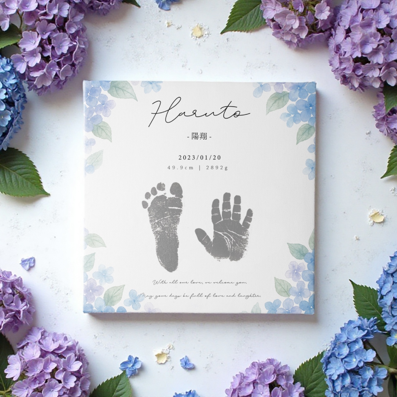オーダーメイド 命名書 キャンバスアート|赤ちゃんの名前・手形・足形入り|紫陽花デザイン