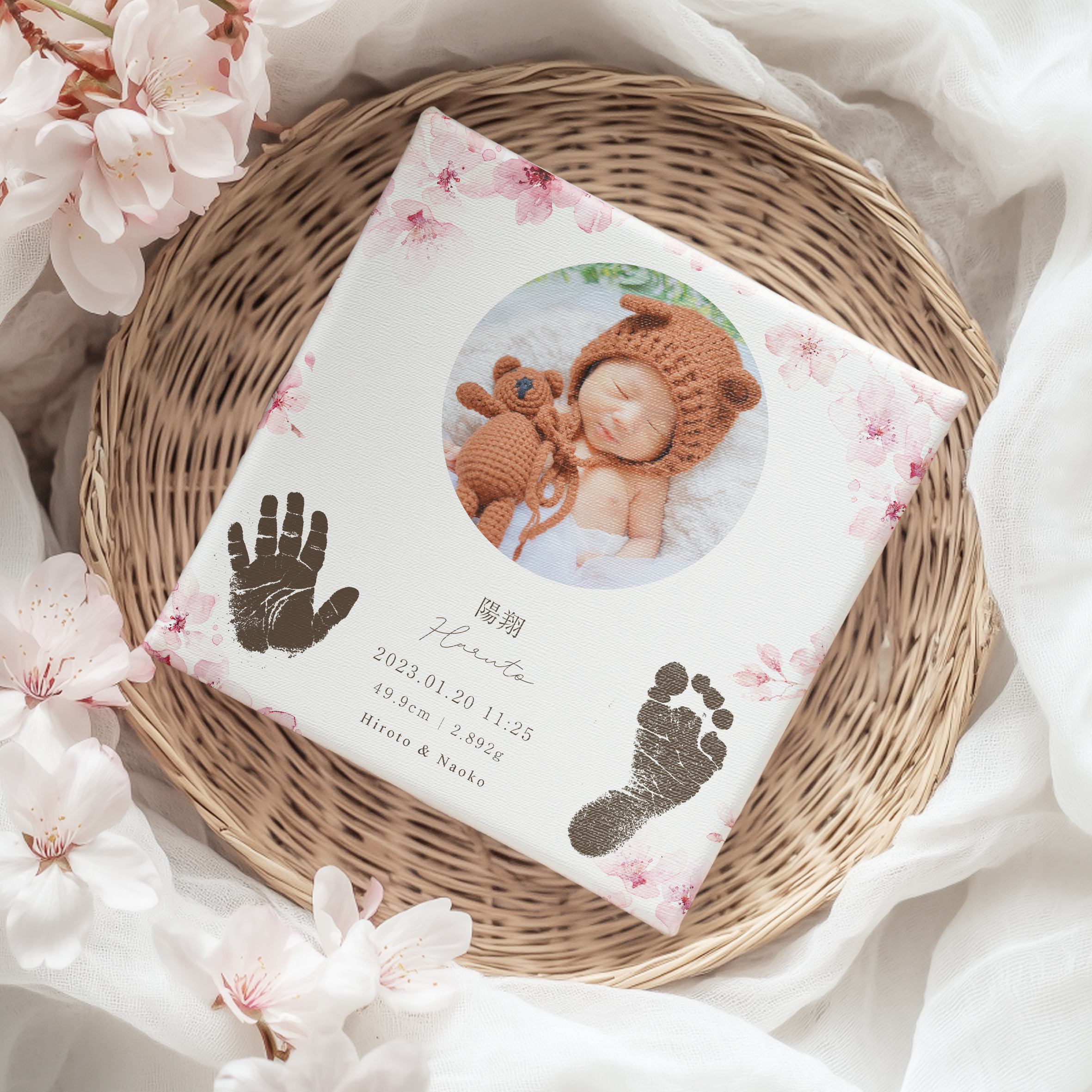 オーダーメイド 命名書 キャンバスアート|赤ちゃんの名前・手形・足形・顔写真入り|桜デザイン